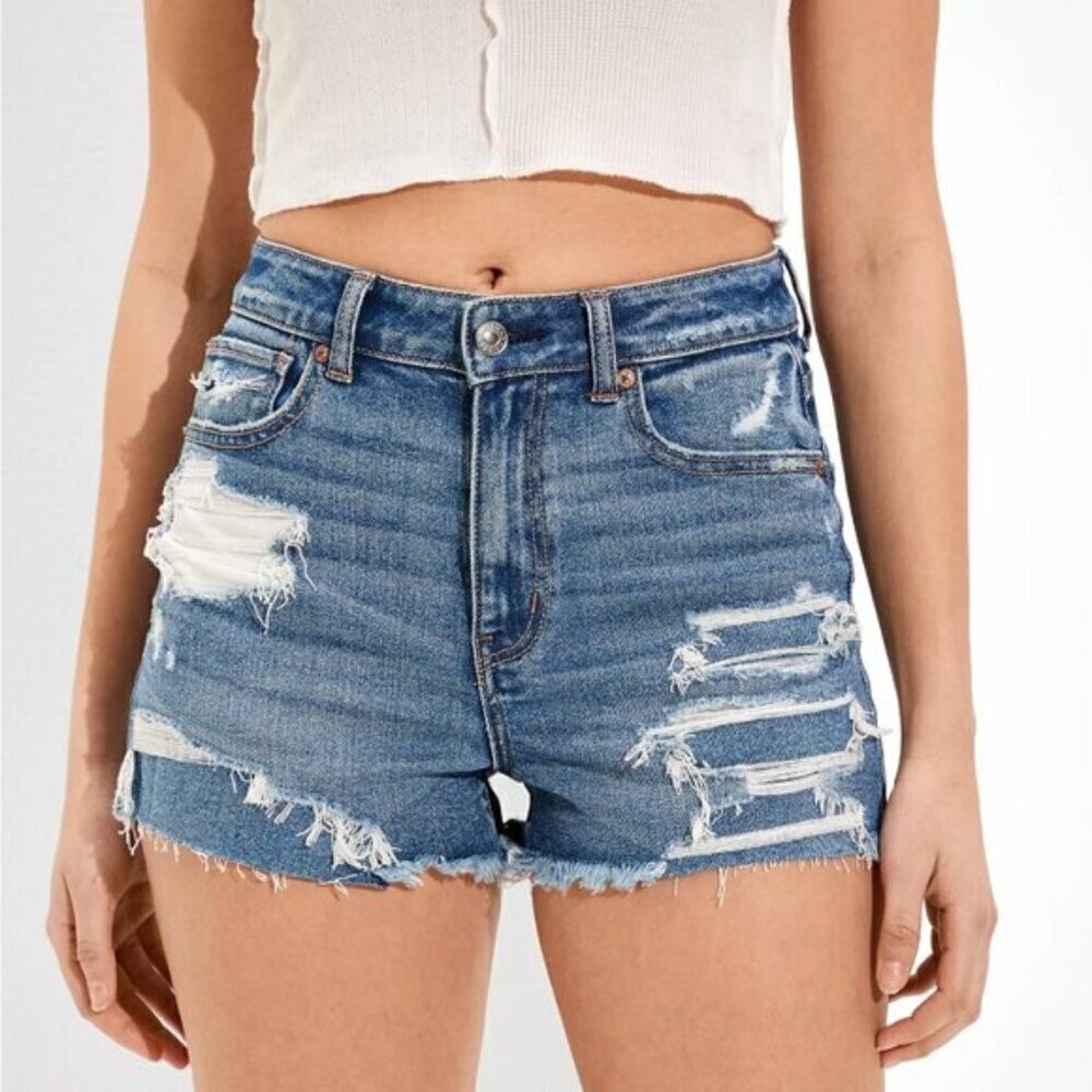 American Eagle Mom Short Distressed Stretch High Rise Blue Size 0